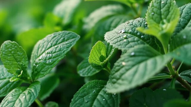 Close up view of fresh green mint leaves covered with small water droplets