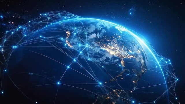 A glowing digital network connects the planet from outer space