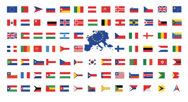 Comprehensive collection of world flags arranged in a grid surrounding a central map of the european union with stars.