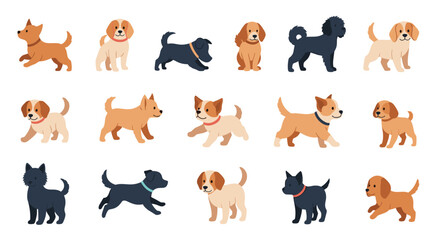 Fototapeta premium Variety of cute dog breeds and puppies shown in various poses like walking, sitting, and running in a flat illustration style.