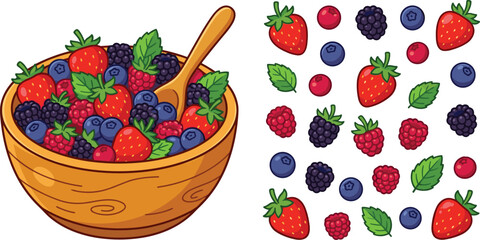 Fresh berry salad vector collection set featuring healthy fruit mix in a wooden bowl with wooden spoon and separate icons of strawberry blueberry raspberry blackberry and mint leaves  © Kuddus
