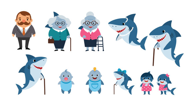 Charming set of cartoon characters features friendly sharks and humans of various ages, depicting a multi-generational family and community.