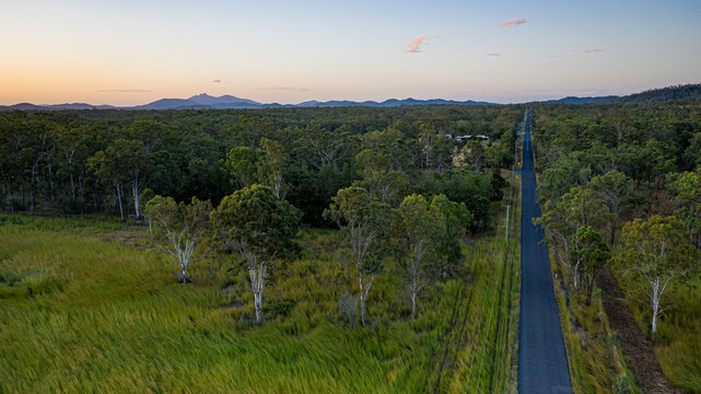 View above Schilling Lane, Calliope, with Mount Larcom in the background.