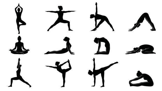 Yoga Meditation Silhouette Set &ndash; Wellness, Fitness Stretching and Calm Lifestyle Poses on White Background, Minimal Vector Illustration