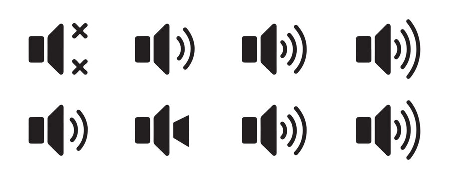 Black volume icon set including muted silent and sound levels for digital media interface design vector.