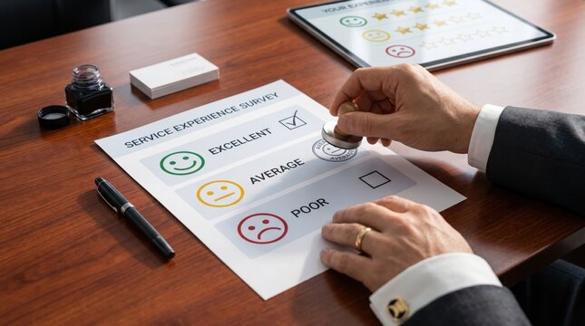 Close up of business man hand stamping excellent rating on service experience survey form