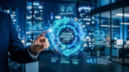 Fototapeta premium Futuristic digital feedback loop and continuous improvement concept with holographic interface, representing generative AI, data-driven optimization, and smart system evolution.