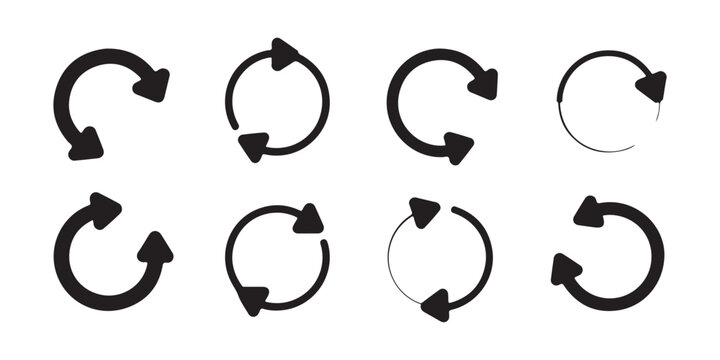 Set of black rotation arrow symbols for update process circular loading icons isolated on transparent.