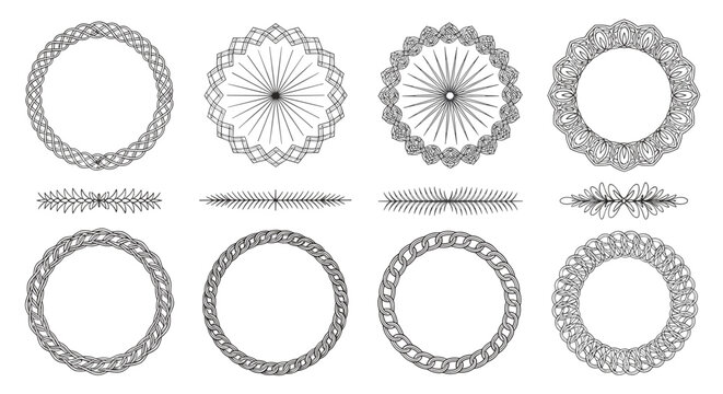 Set of circular frames and linear borders features detailed patterns for elegant stationery and decorative graphics on a white background.
