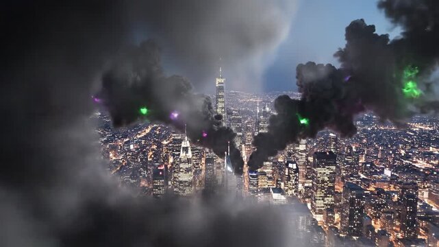 Cityscape destruction with alien invasion during night with dramatic smoke and glowing lights cinematic motion