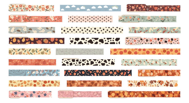 Assorted decorative washi tape strips with various floral, animal print, and geometric patterns for scrapbooking.