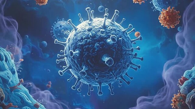 Microscopic view of viral particles floating in a blue fluid