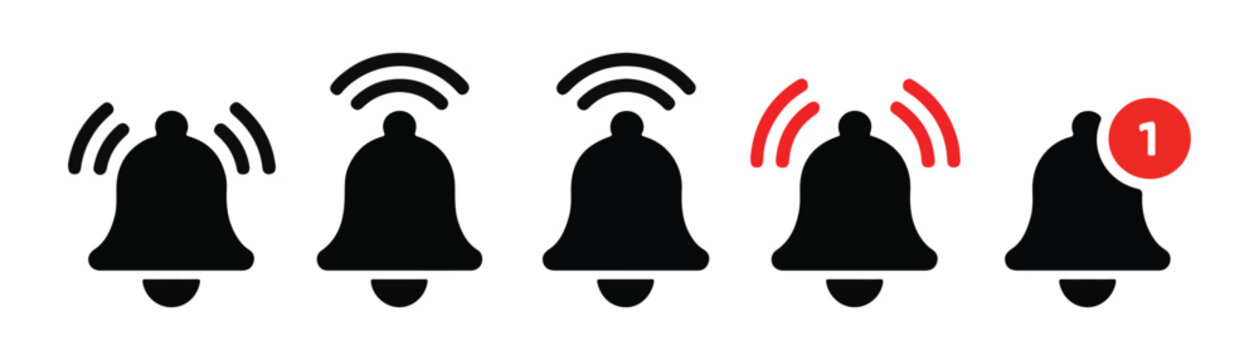 Notification bell icon with sound waves and new message number. vector symbol isolated on transparent background.