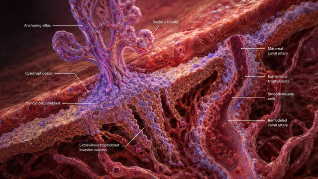 Detailed cross section of human placental tissue showing trophoblast invasion, spiral artery remodeling, and villus attachment to decidua in cinematic medical visualization