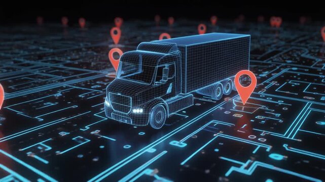 "Wireframe truck on digital circuit map with glowing GPS pins, symbolizing smart logistics, IoT, and autonomous transportation."