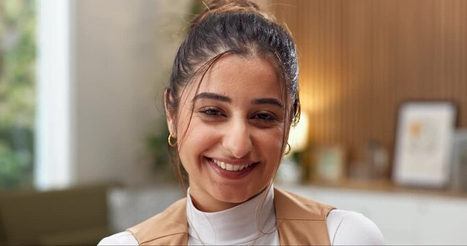 Face, laugh or woman in agency with pride, positive attitude or good mood as finance advisor. Portrait, glasses or investment consultant with confidence, humor reaction or happy moment in workplace.