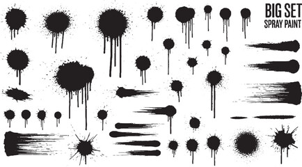 Diverse selection of black spray paint elements including splatters circles and brush strokes with drips on white background © HexaFrame