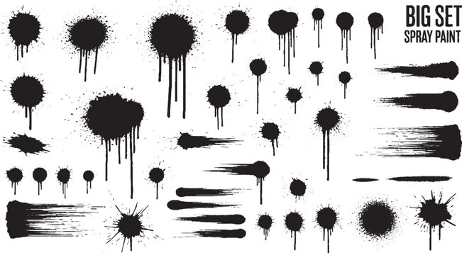 Diverse selection of black spray paint elements including splatters circles and brush strokes with drips on white background