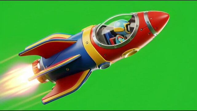 Red and blue cartoon rocket ship flying on green screen