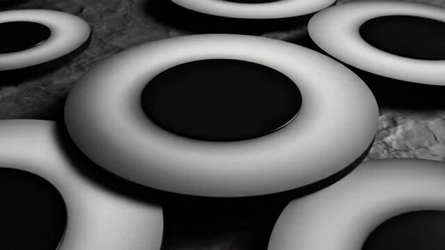 Abstract Monochrome Rings and Circles Artistically Arranged on a Crumpled Grey Surface