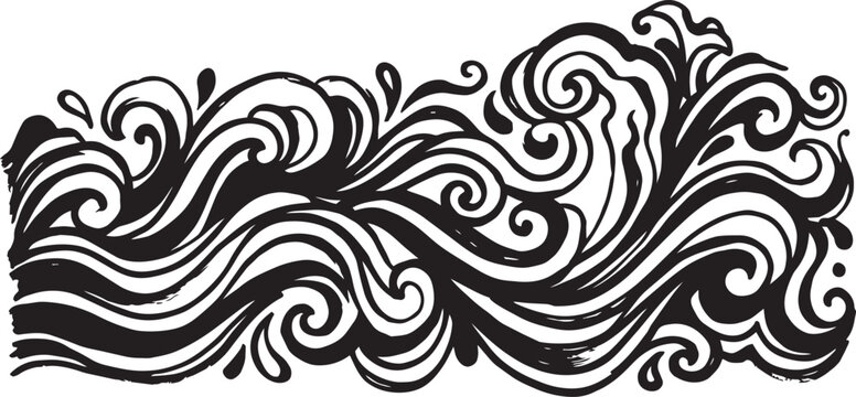 Abstract flowing water waves border with hand-drawn swirls.