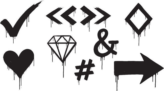 Dynamic graffiti style check mark double angle brackets diamond ampersand hashtag heart and arrow symbols with dripping ink effect urban design elements