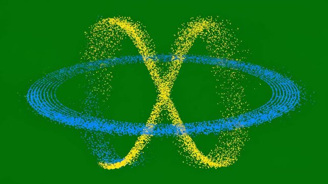 Swirling particle rings in yellow and blue move in fluid motion on a green background with subtle depth