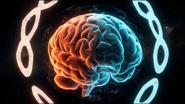Abstract human brain split with orange and blue light.