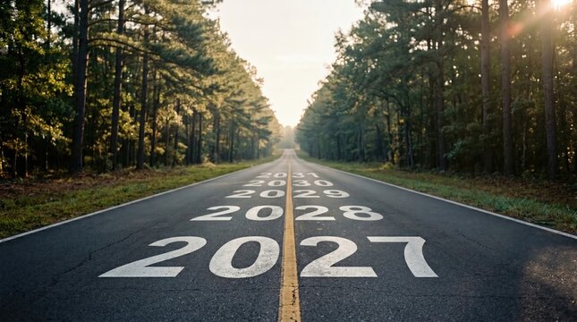 Perspective view of long road through pine forest with future year markings starting from 2027 to 2031 painted on asphalt for time progression and business planning concept forward vision inspiration.