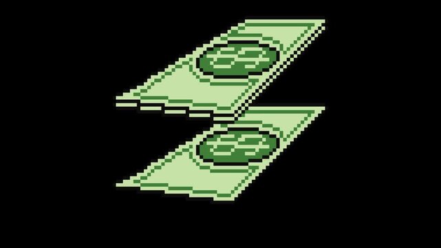 A pixel art animation showing a stack of dollar bills building up layer by layer with a growing money pile effect. This retro style finance animation asset is perfect for game development.