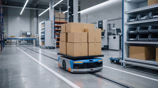 Autonomous mobile robot transporting cardboard boxes in modern smart warehouse, automated logistics and supply chain management concept with artificial intelligence technology