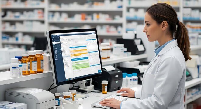 Professional female pharmacist managing medicine database on computer at retail drugstore counter pharmacy setting