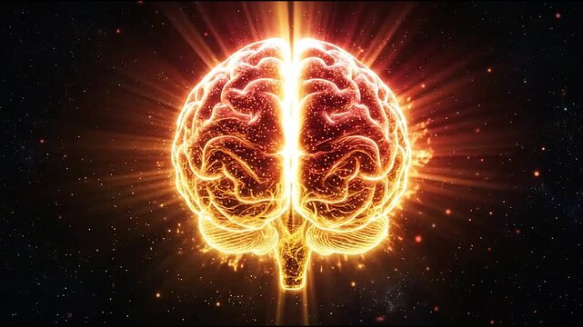 Anatomically correct human brain glowing with orange energy.