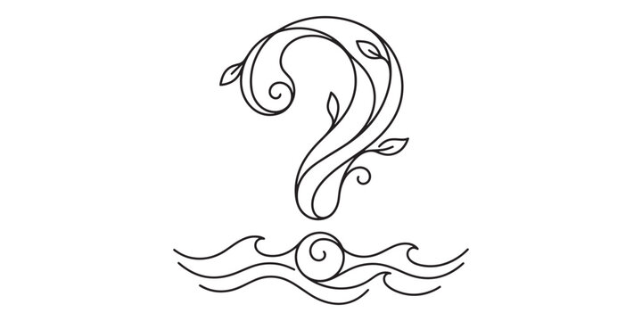 A black line drawing of a question mark with leaves and waves on a white background