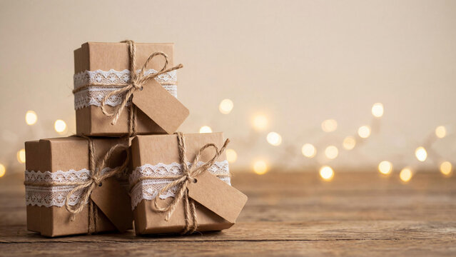 Three small gift boxes wrapped in brown сraft paper with white lace and twine placed on a wooden surface. Warm bokeh lights in the background create a festive cozy holiday atmosphere with empty space