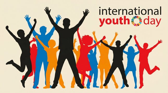 International Youth Day graphic with silhouette of young people on beige background