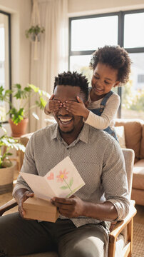 Young African American girl smiling giving handmade greeting card and gift to her Black father, closing his eyes behind. Family bonding, childhood creativity, love, care and cozy home atmosphere.