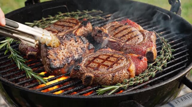 Searing steaks on an outdoor charcoal grill with rosemary sprigs