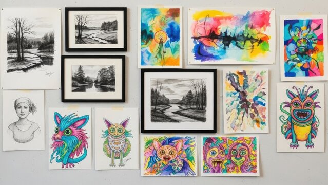 Gallery wall with mixed drawings/paintings nature landscapes, faces, and monsters