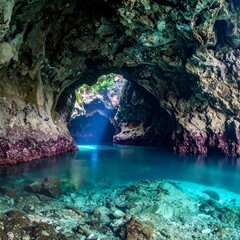 Naklejka premium Majestic sea cave entrance with turquoise water and dramatic light beam piercing the darkness