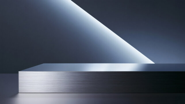 Minimalist premium brushed titanium product podium with sharp industrial lines and sleek dark tech background