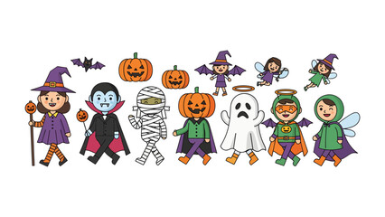 Fototapeta premium Halloween Kids Party: A collection of cute cartoon characters dressed in various Halloween costumes, including witches, vampires, mummies, pumpkins, fairies, and ghosts.