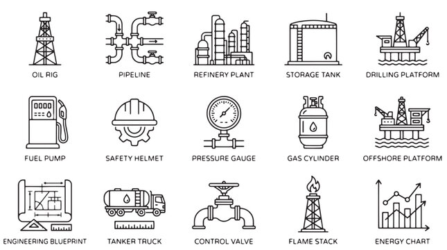 Industrial icons, oil and gas symbols, pipeline and refinery signs, 20 engineering and energy illustrations