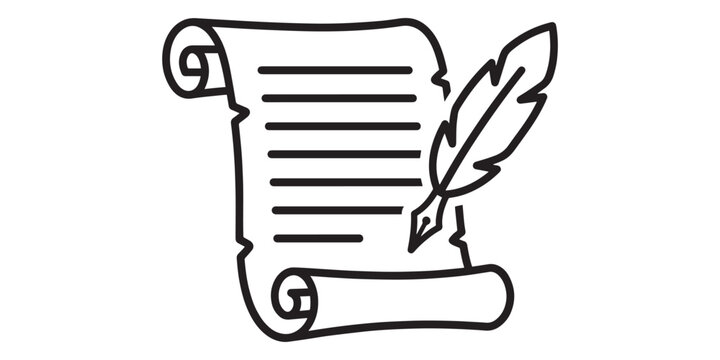 Scroll with quill pen icon, vintage parchment paper document vector