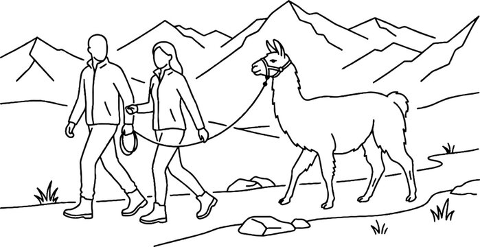 Couple walking a llama in mountain landscape.
