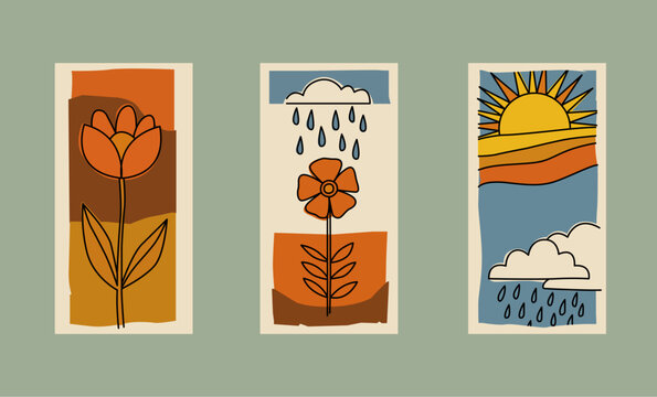 Minimalist Botanical Vector Illustration, Vector Poster Set with Flower, Sun and Rain Cloud, for Poster, Flyer, Card or Wall Print