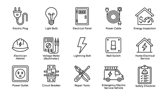 Electricity icons, electrical symbols, power signs, 16 line icons, vector graphics