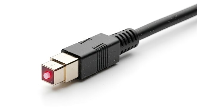 Professional digital optical audio cable connector with a glowing red light emitter for high quality sound signal transmission on a clean white background
