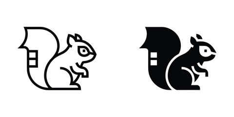 Minimalist squirrel icon set in black and white line art and solid silhouette styles for nature and wildlife branding © RahimaStock
