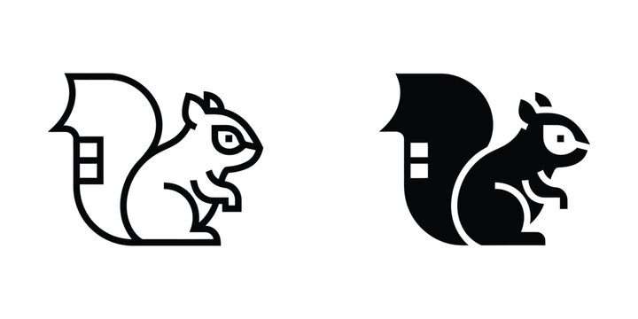 Minimalist squirrel icon set in black and white line art and solid silhouette styles for nature and wildlife branding